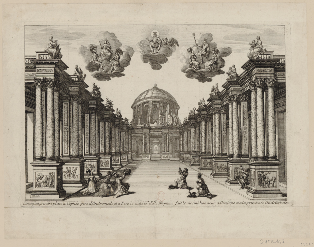 A historical theatrical set design drawn with architectural and scenic details.